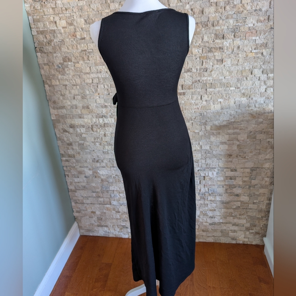 Black Wrap Midi Lightweight Dress Slit Summer Fairy Boho Indie Minimalist Sz M image 3